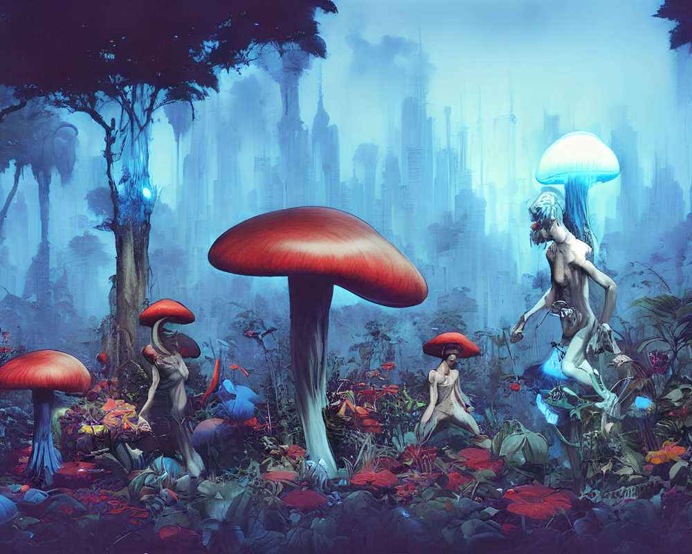Fantastical landscape with oversized mushrooms, vibrant flora, and humanoid creatures