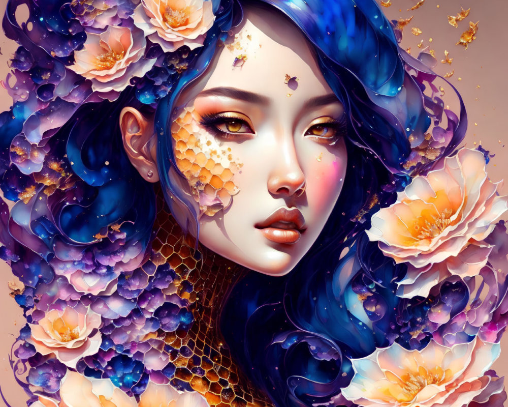 Stylized digital artwork of woman with blue hair and floral accents