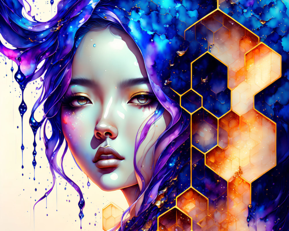 Colorful Artwork: Woman's Face with Purple Hair in Cosmic Setting