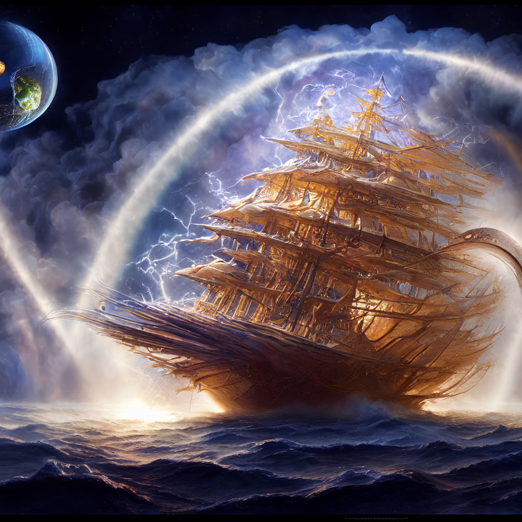 Fantasy illuminated ship sailing stormy seas with tentacle & distant planet.