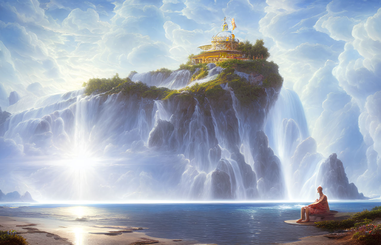 Tranquil sunrise scene with meditating figure by lake, majestic waterfall, temple on cliff, lush