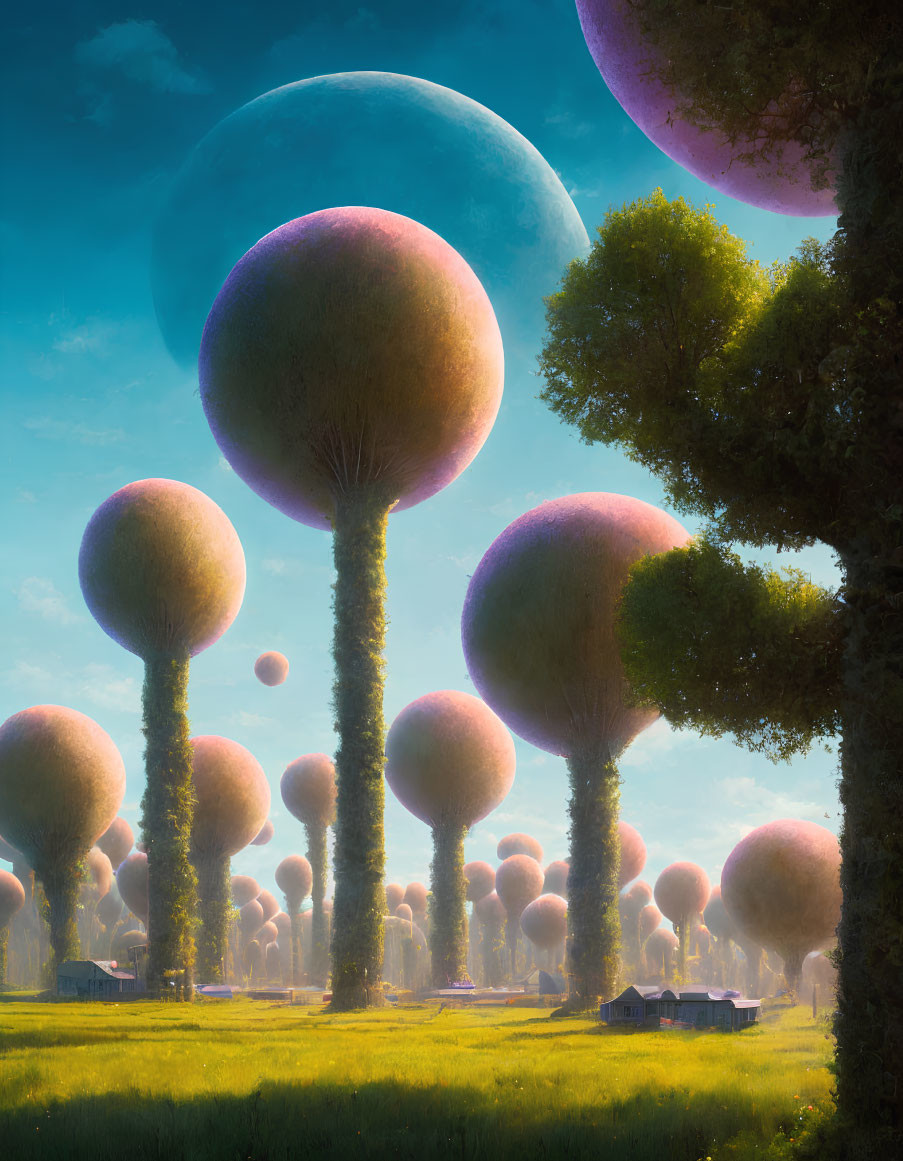 Tranquil landscape with ball-shaped trees, peaceful moons, and small village