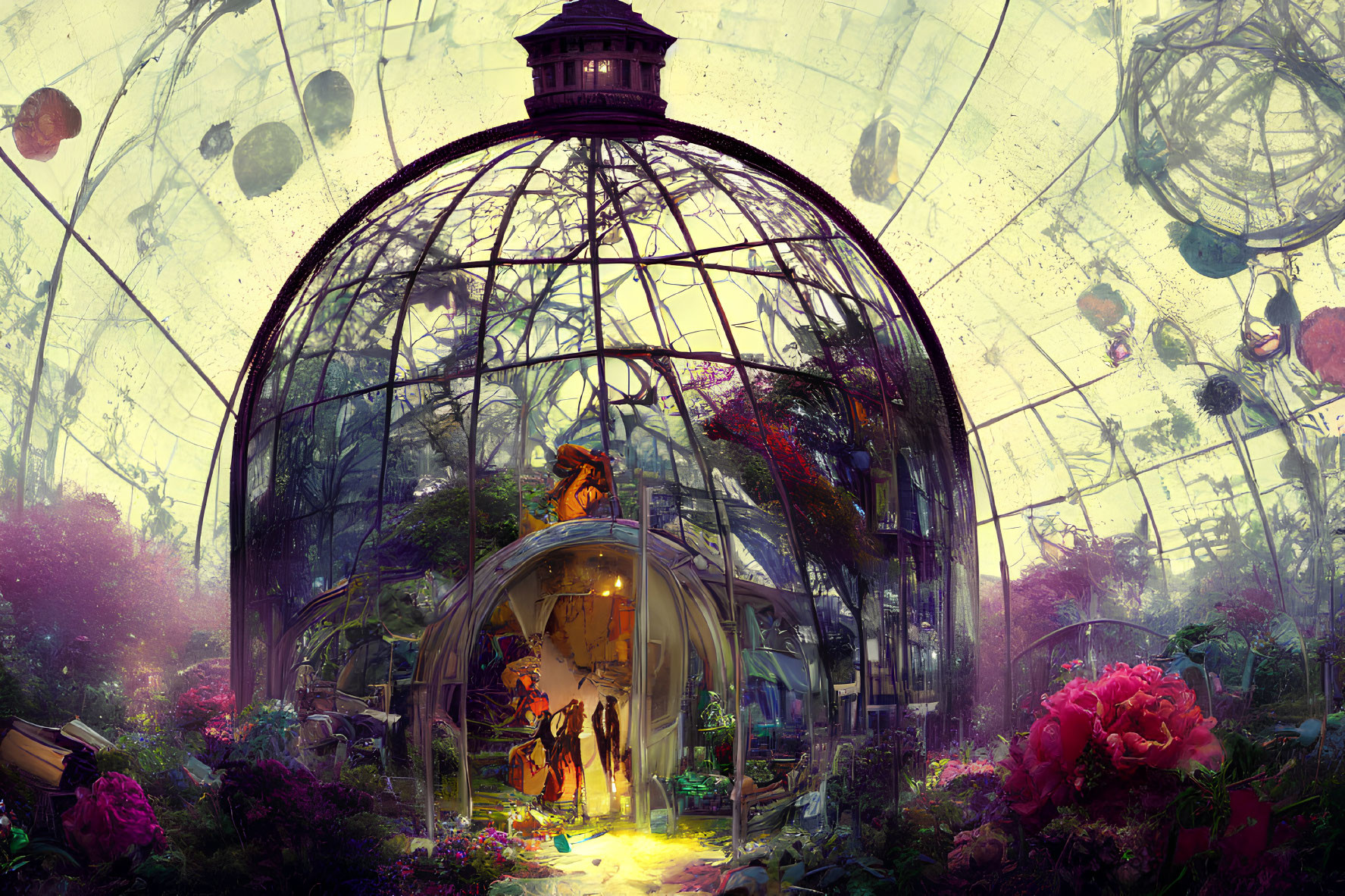 Majestic greenhouse with glass dome and vibrant plants