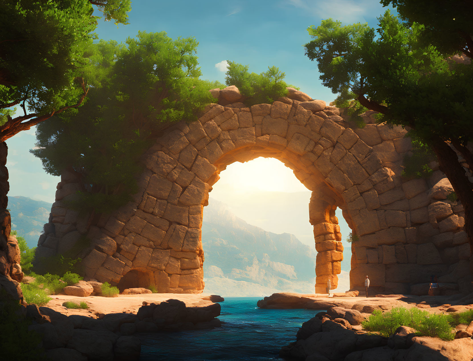 Ancient stone arch on lush coastal landscape under clear blue sky