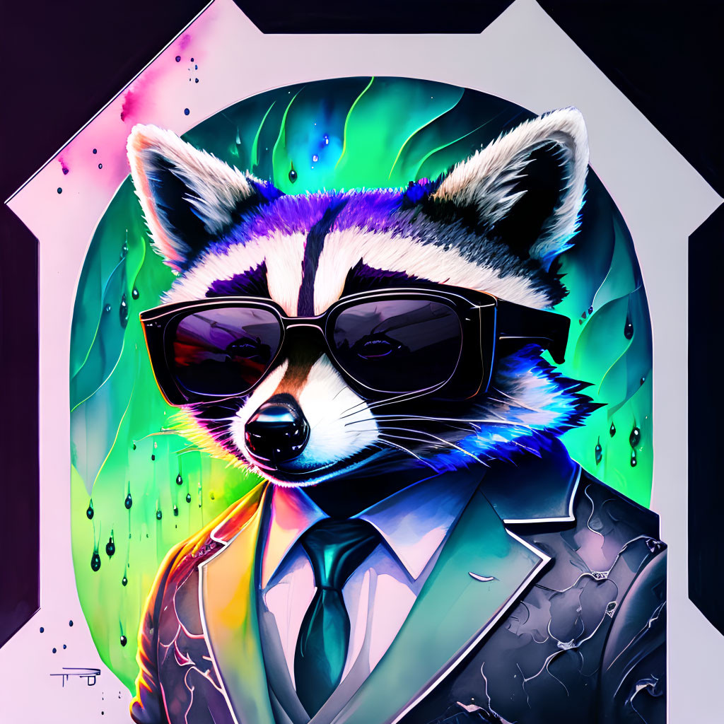 Stylized raccoon in sunglasses and suit against vibrant backdrop