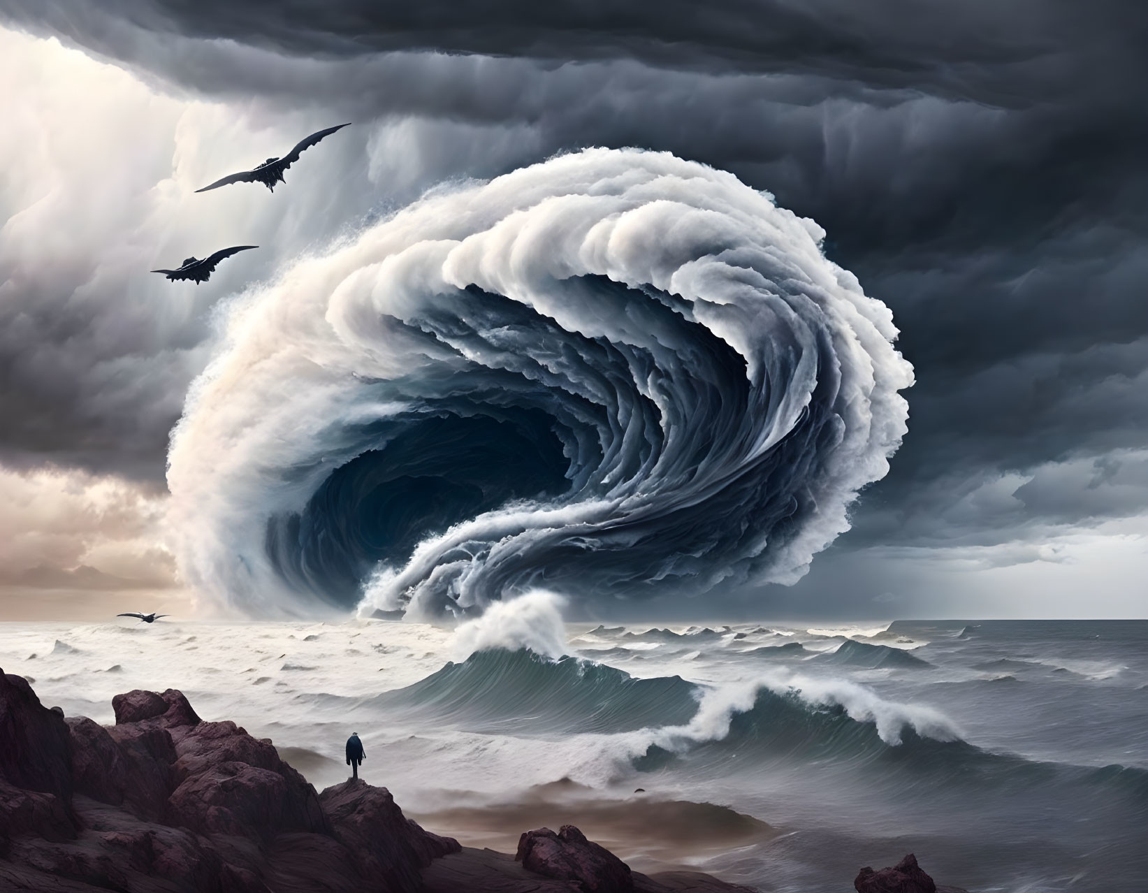 Person gazes at swirling cloud resembling wave on rocky shoreline
