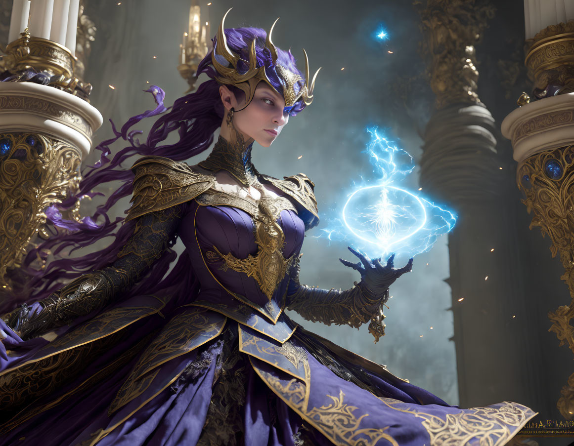 Regal woman in purple and gold gown with glowing blue magical energy