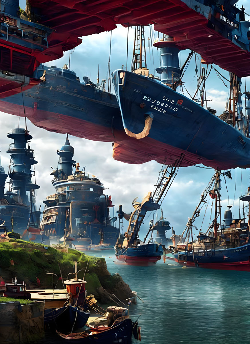 Fantastical Shipyard with Grand Ships and Seaside Structures