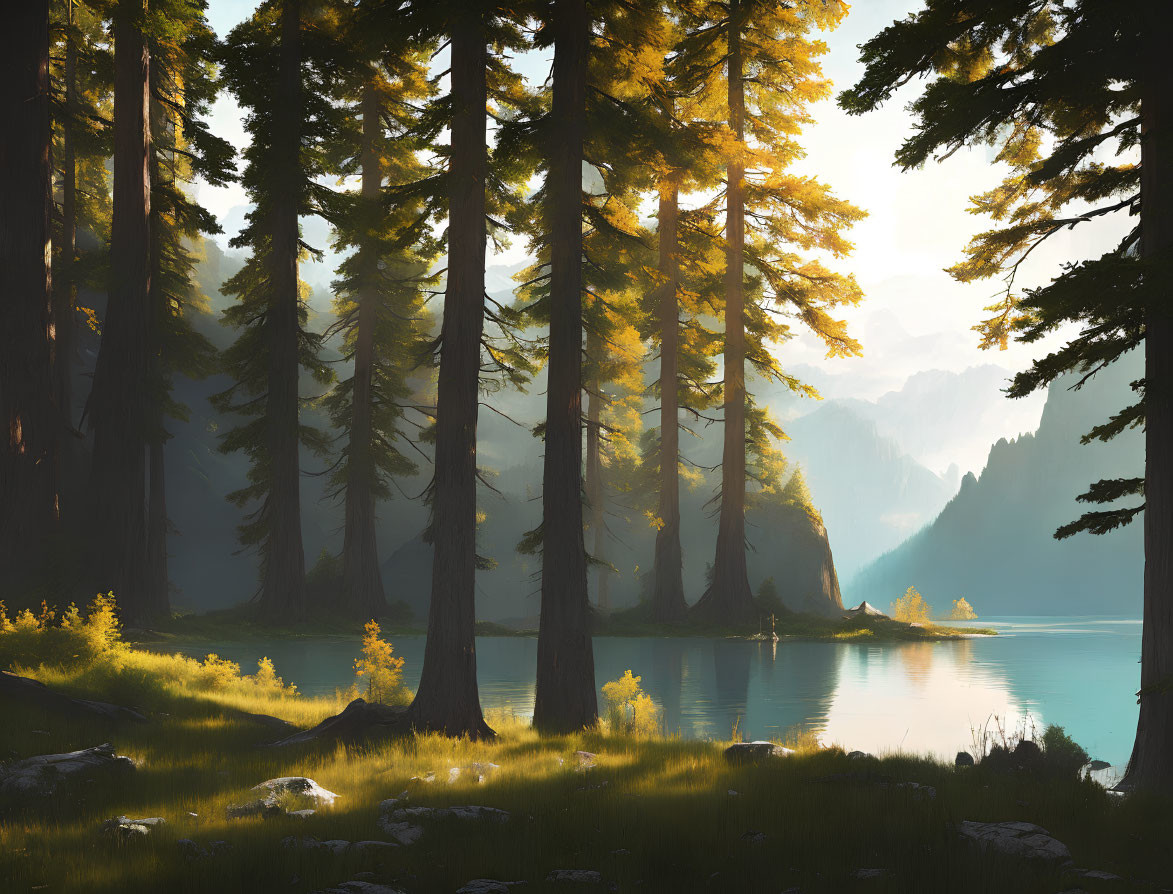 Tranquil forest scene with sunlight, pine trees, lake, and misty mountains.