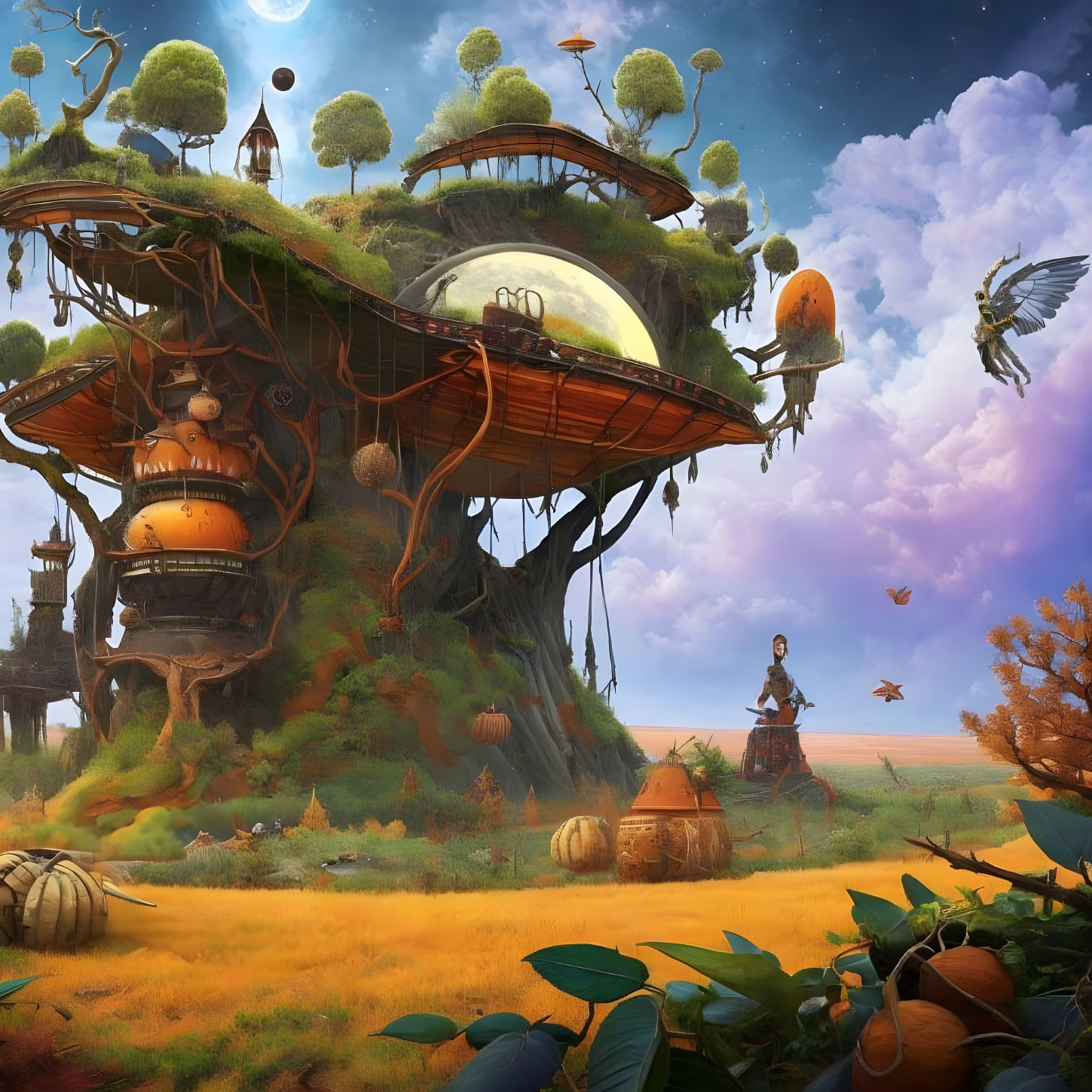 Fantasy landscape with treehouses, floating islands, pumpkins, giant moon, and mechanical bird creatures