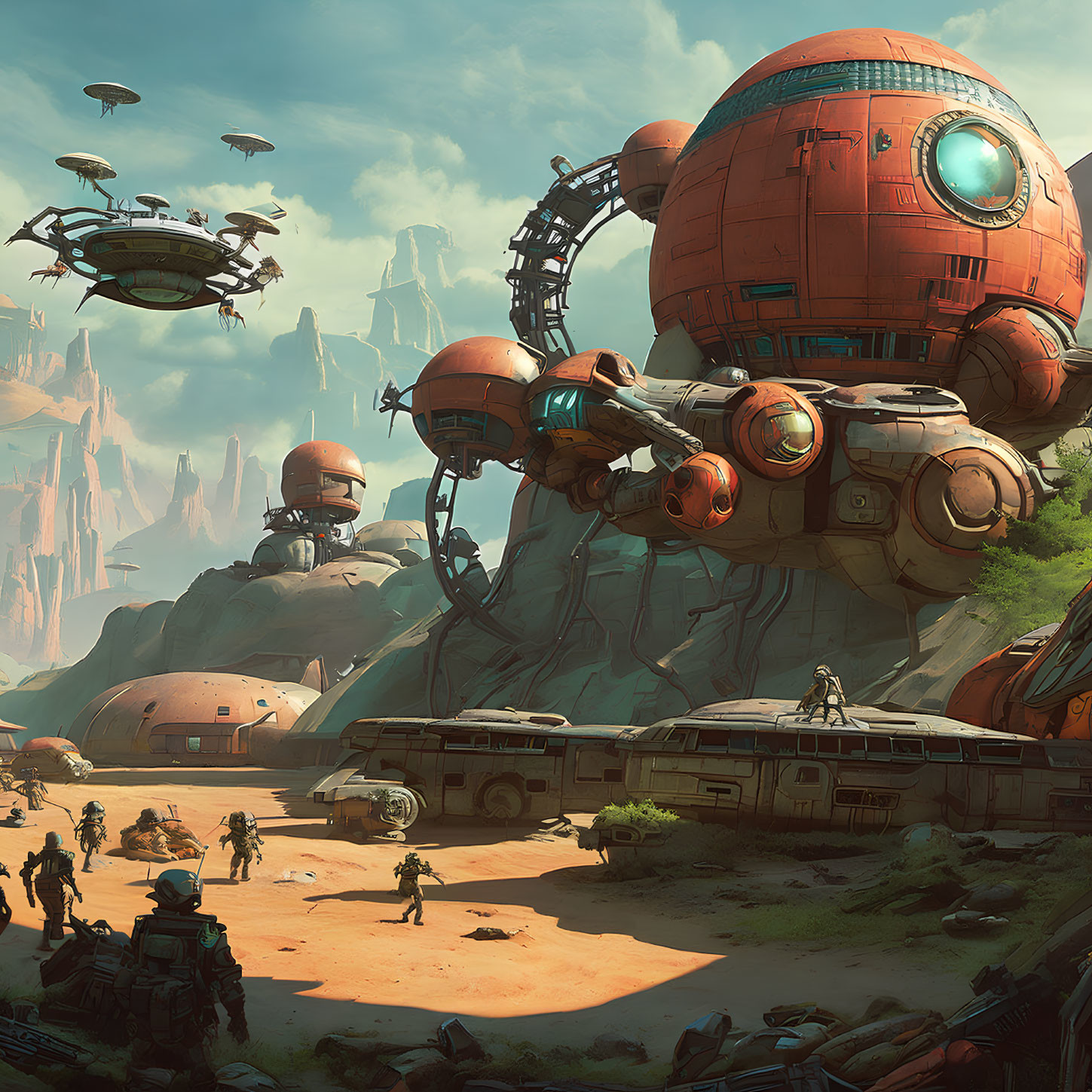 Futuristic desert landscape with spherical structures, robots, flying saucers, and individuals in spaces