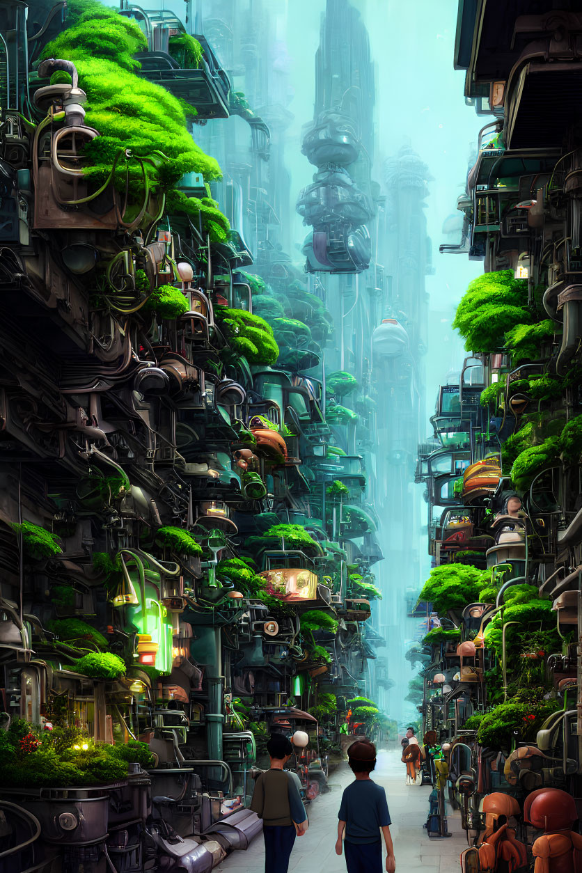 Futuristic cityscape with towering greenery-covered buildings and neon signs