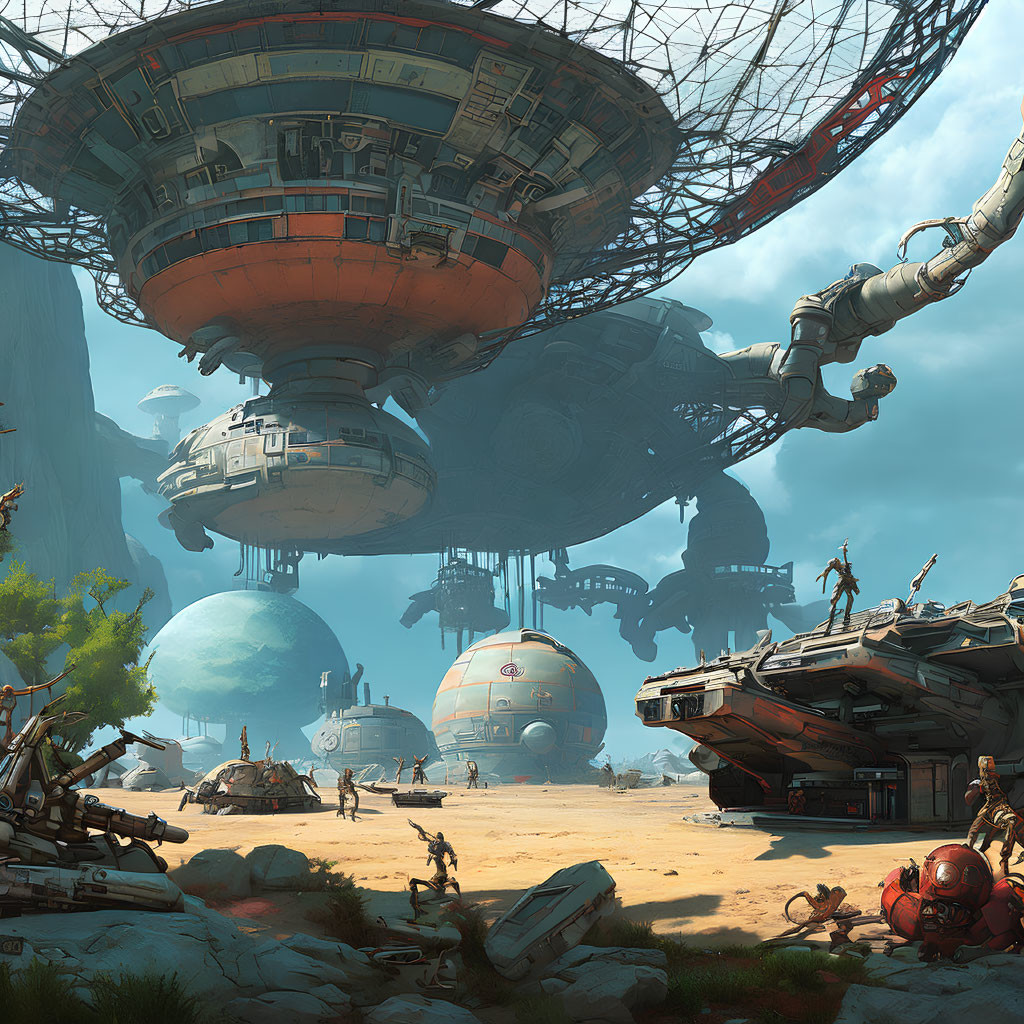 Futuristic desert landscape with hovering spaceships and robotic figures