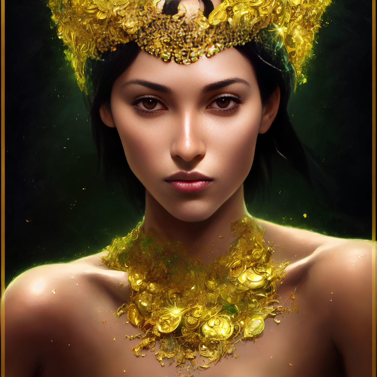 Portrait of Woman in Golden Crown and Necklace on Dark Background