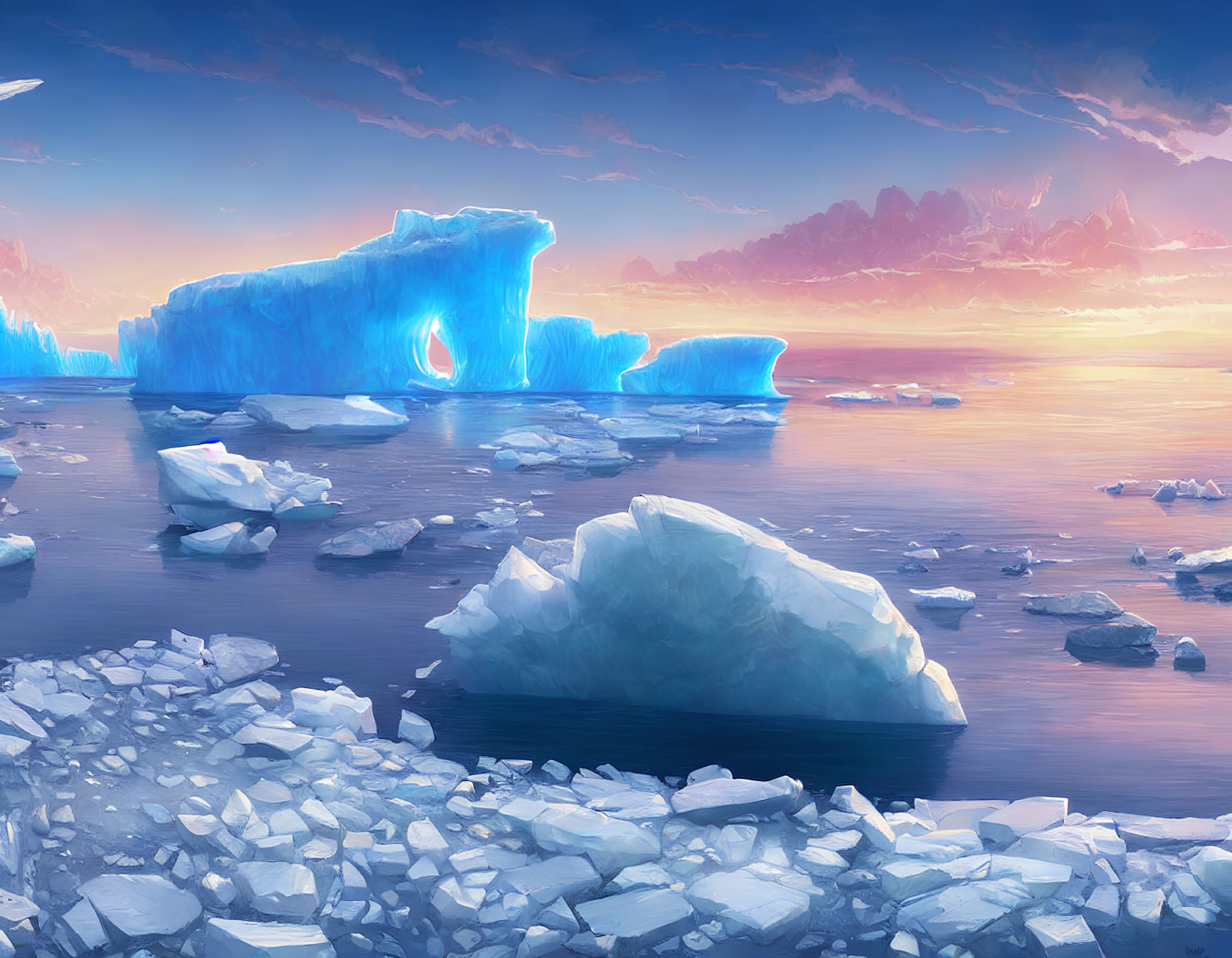 Arctic scene with glowing blue icebergs on calm waters at sunset or sunrise