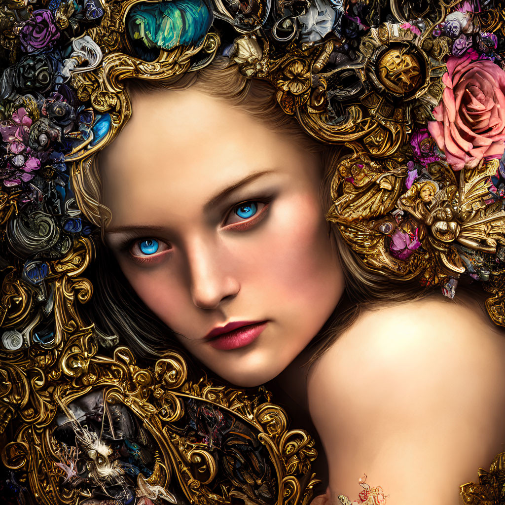 Digital artwork: Woman with blue eyes, gold filigree, and floral hair adornments