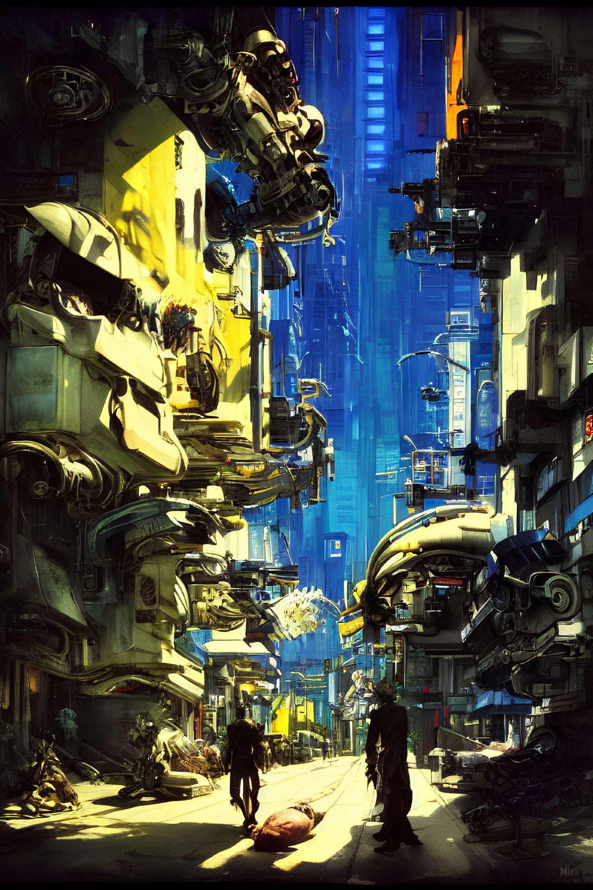 Futuristic city alley with towering buildings and advanced robotics