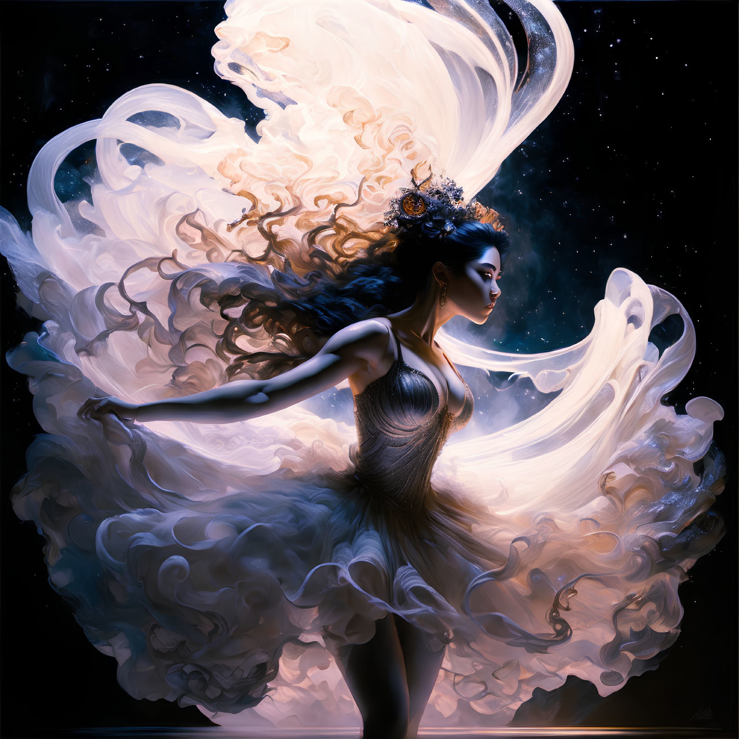 Ethereal woman in flowing gown against starry night sky