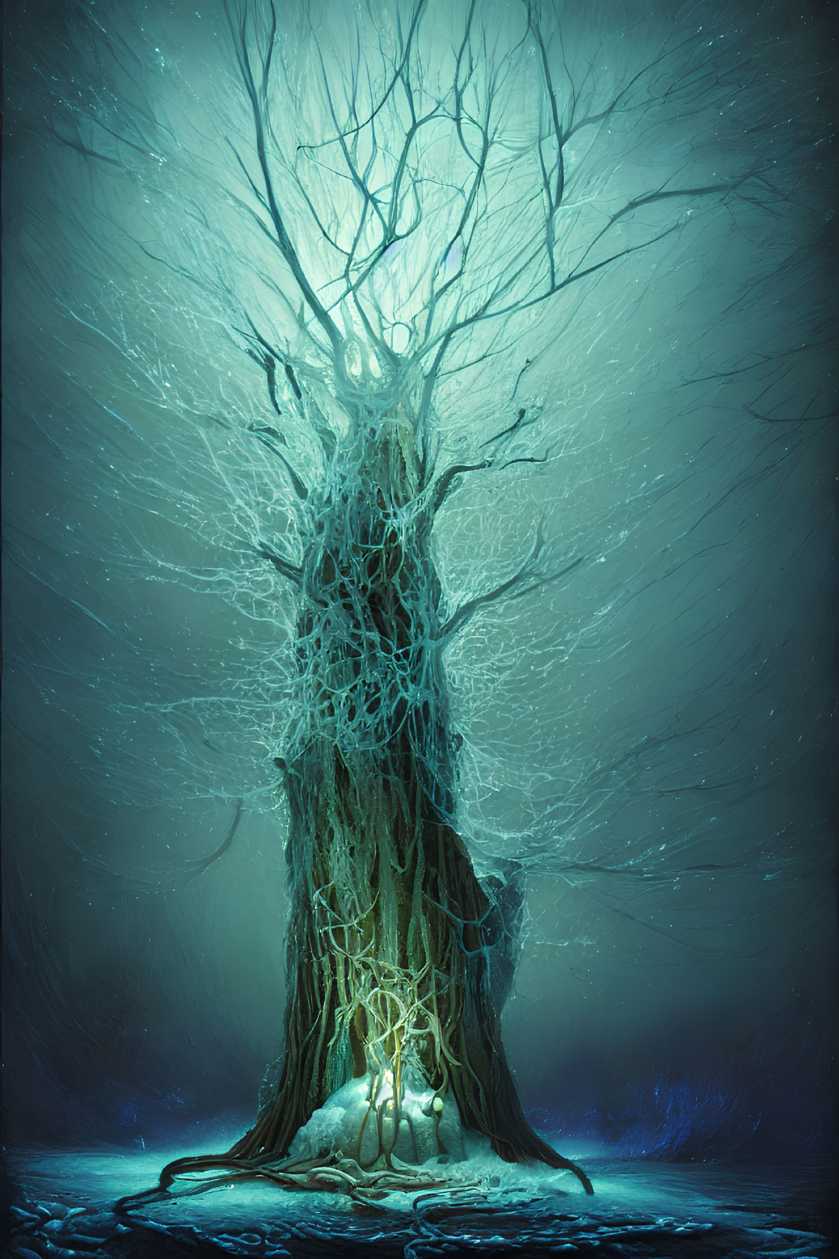 Mystical tree on island with glowing branches and roots in reflective blue setting