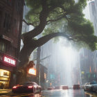 City street scene with large tree, wet roads, and neon signs