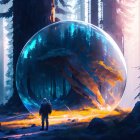 Astronaut viewing forest scene through large transparent sphere
