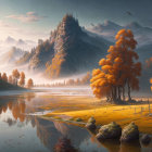 Tranquil autumn landscape with misty mountains, vibrant trees, calm river, and boat.
