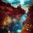 Fantastical landscape with red foliage, waterfalls, orbs, and Asian-style structures