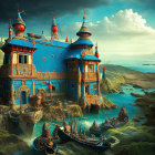 Fantasy illustration of blue castle on cliff by sea