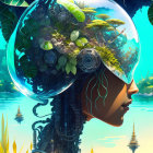 Illustration of female figure with transparent dome head, lush greenery, mechanical elements, and robotic body