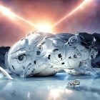Surreal metallic skull structure on icy terrain with small boat