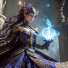 Regal woman in purple and gold gown with glowing blue magical energy