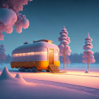 Yellow Vintage Bus Converted into Cozy Home in Snowy Landscape at Dusk