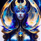 Mystical woman with blue skin and ornate headdress in cosmic setting