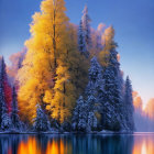 Tranquil lake mirrors autumn trees and frost-covered pines at twilight