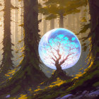 Mystical glowing orb with tree silhouettes in sunlit forest