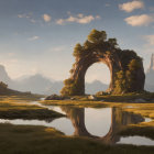 Tranquil landscape with natural arch, lake, fields, and mountains