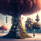 Fantasy scene: Two women under giant clock-adorned tree, floating islands and futuristic buildings at