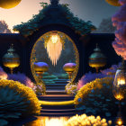 Ornate gate, glowing lanterns, reflective water in mystical garden