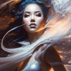 Ethereal woman digital artwork with flowing hair and intricate patterns