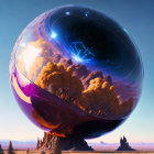 Glossy orb with tempestuous nebula over serene desert landscape