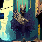 Futuristic ornate mechanical throne in decaying urban alley