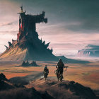 Barren landscape with two riders and a dark citadel under a crescent moon