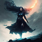 Mysterious female figure in dark outfit under stormy sky with glowing orb