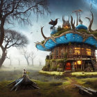 Fantasy landscape with character in white cloak and mushroom-shaped house