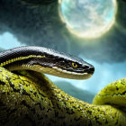 Black and Yellow Snake Close-Up with Full Moon Background