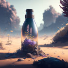 Vibrant purple flowers in sealed glass bottle on desert landscape