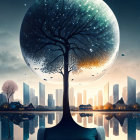 Surreal image: woman with tree head, cityscape, moon reflection