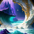 Seascape with crashing waves through golden gate and purple cliffs