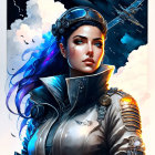 Futuristic digital artwork of woman with blue hair in pilot attire