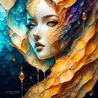 Abstract digital artwork of woman's face merging with golden honeycomb textures